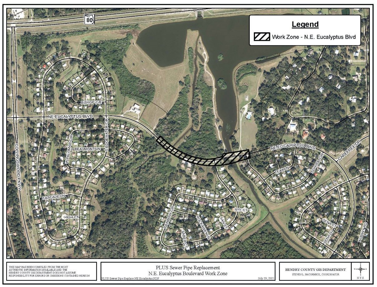 Construction on N.E. Eucalyptus Blvd. for the rehabilitation of a Port LaBelle Utility System gravity sewer line will begin on Aug. 2.